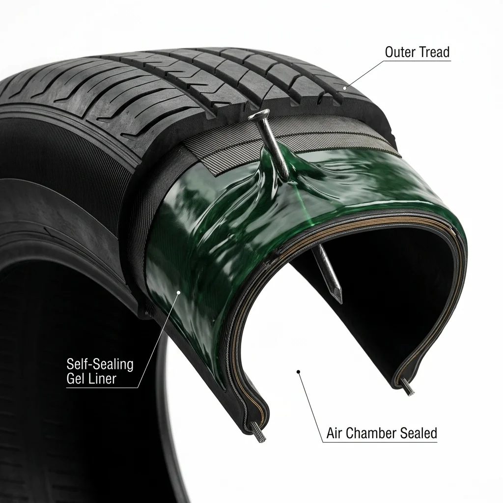 Cross-section of a tire showing soft self-sealing gel liner. Nail has penetrated outer tread and gel is sealing tightly around the nail shaft while the air chamber stays intact.