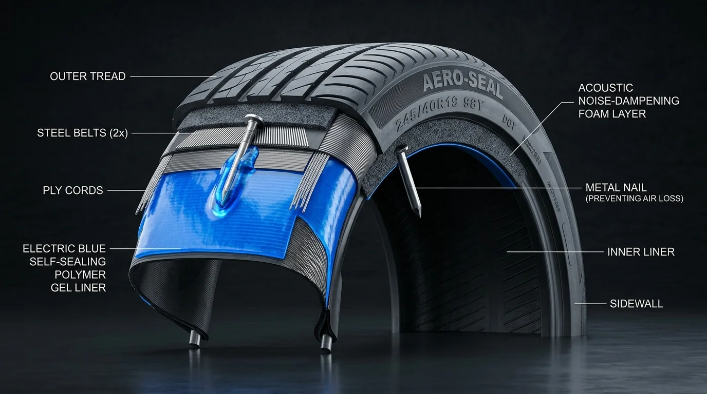 Technical 3D cross-section of a tire showing self-sealing polymer gel lining sealing around a nail shaft