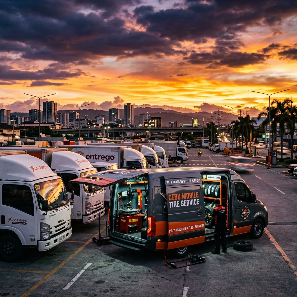 FlatFreePH mobile tire protection service unit at a Cebu fleet depot