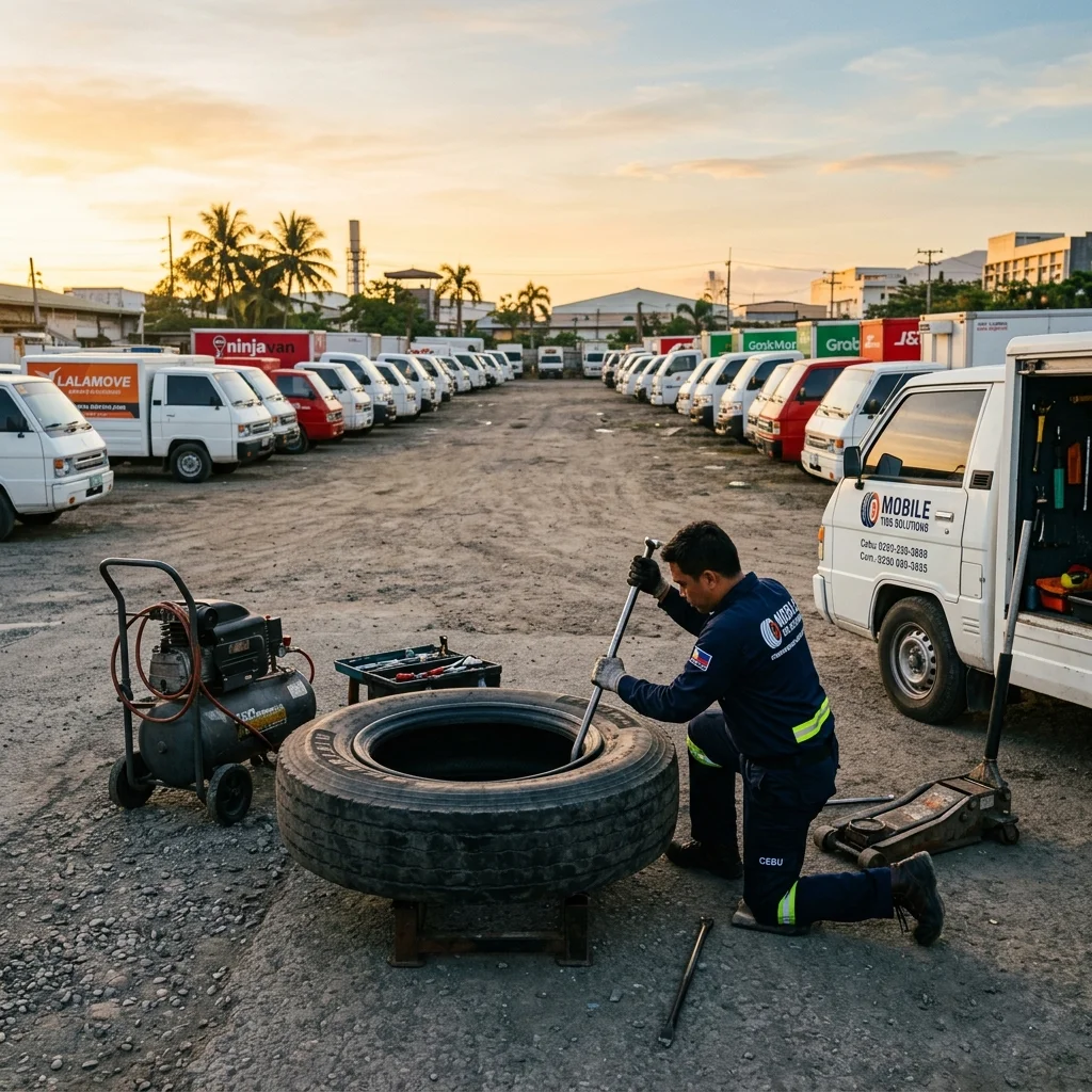 Commercial logistics fleet depot in Metro Cebu highlighting tire maintenance operations