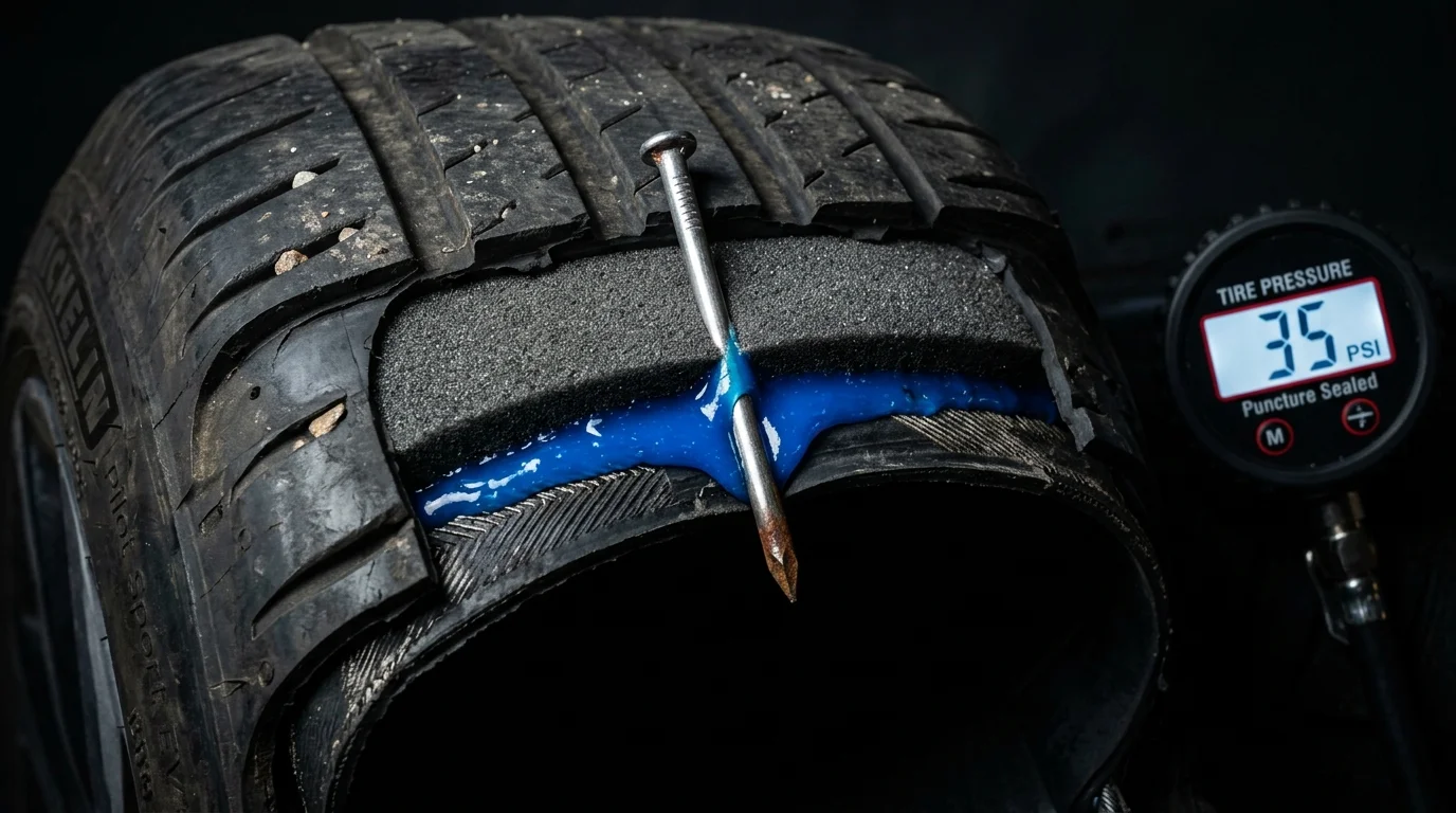 Nail puncture in tire tread area - gel liner sealing around it