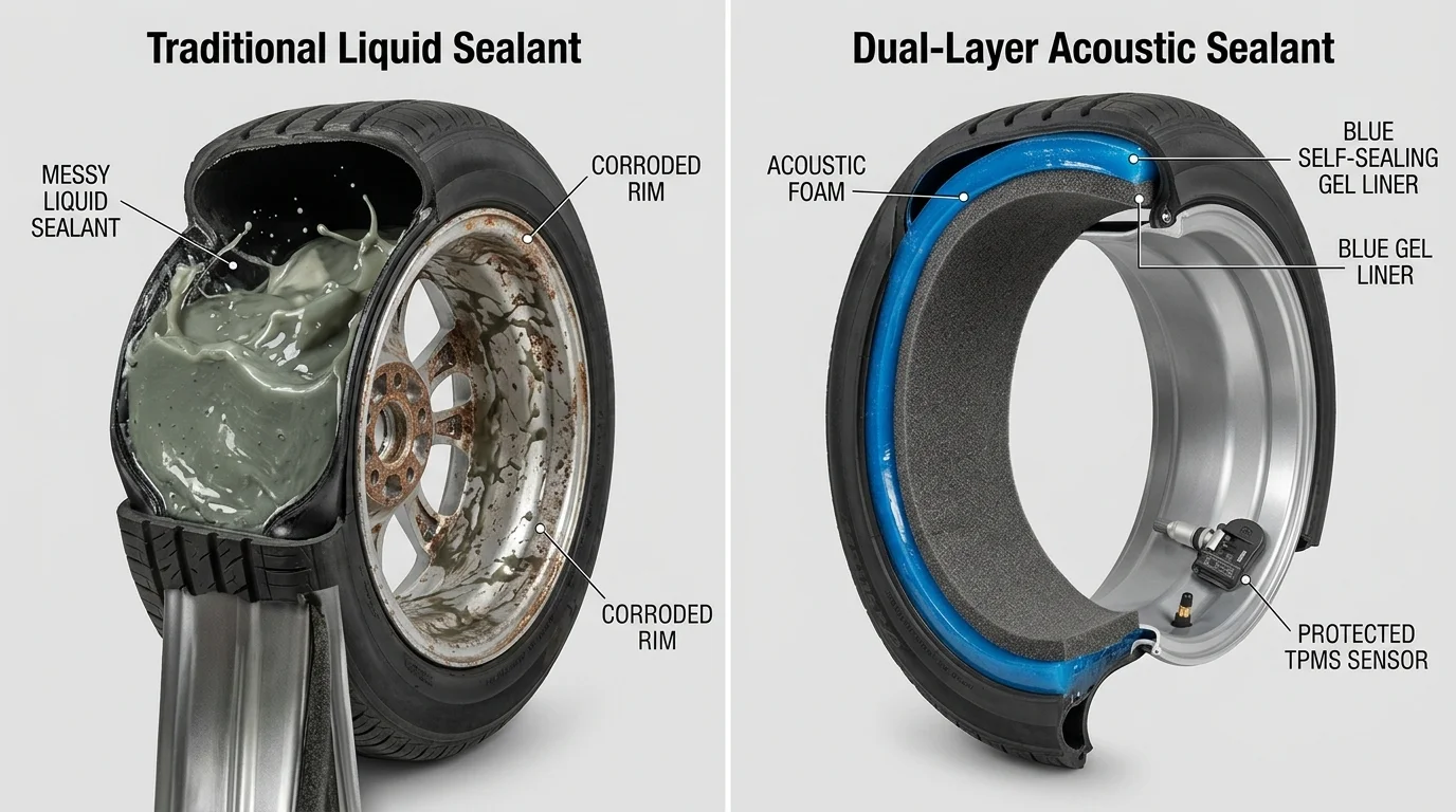 Self-sealing acoustic gel tire liner pad compared against other puncture protection types