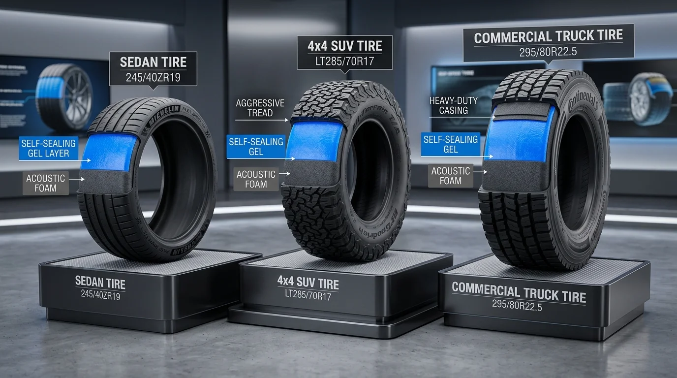 Gel liner pad showing tread-width sizing used for vehicle compatibility check